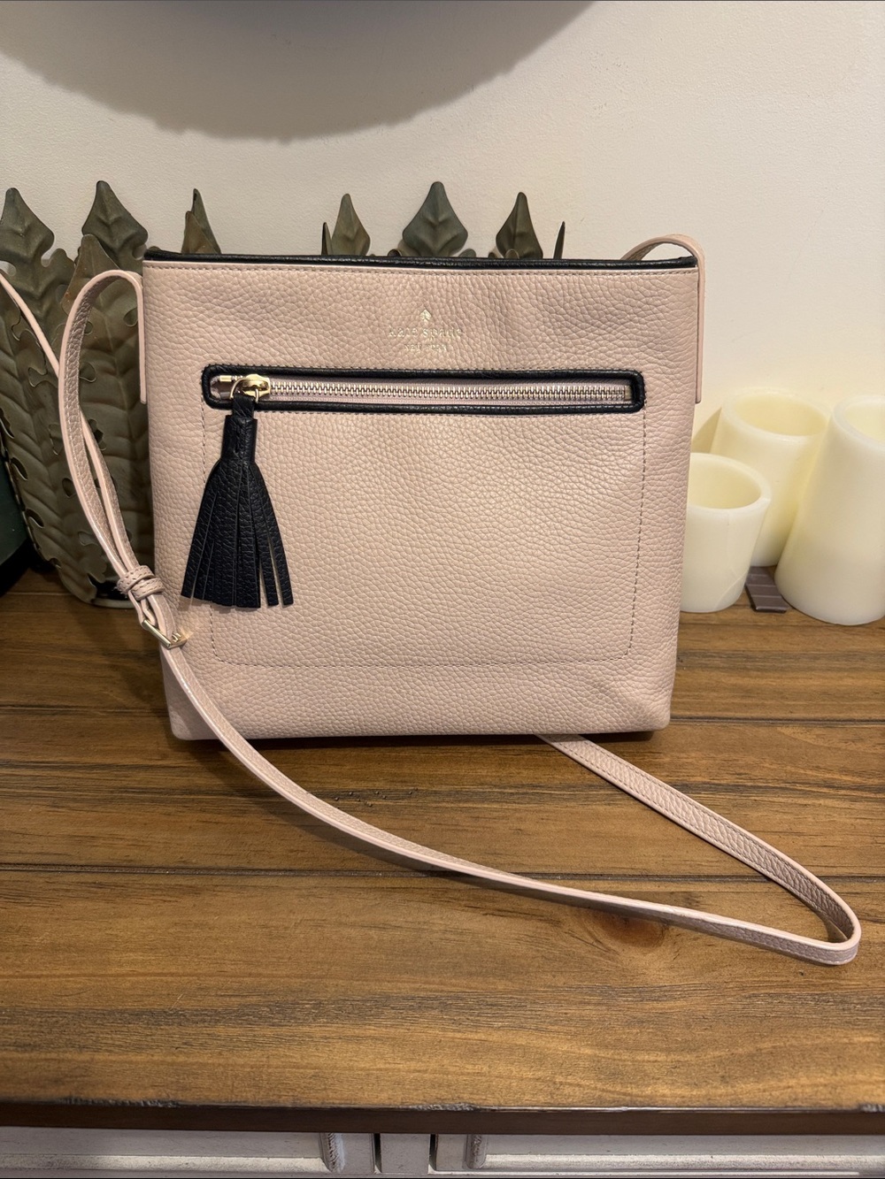 kate spade Blush Pink Pebbled Leather Crossbody with Black Tassel